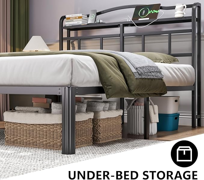 Full Size Bed Frame - Storage Headboard with Charging Station, 14 Inch Sturdy Metal Platform Bed Frame No Box Spring Needed, Easy Assembly, No Noise, Black