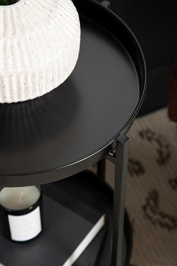 Kate and Laurel Celia Round Metal Foldable Tiered Side Table; 16 x 26; Black; Modern Accent Table with Removable Magnetic Tray Tabletops and Space-Saving Folding Base