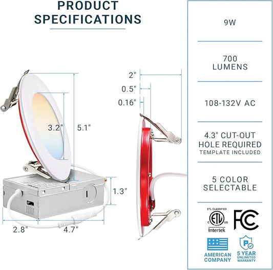 PARMIDA (12 Pack) 4 Inch 2HR Fire Rated LED Recessed Light, ETL, 5 Color Selectable 2700/3000/3500/4000/5000K, 9W Dimmable Ultrathin Canless Wafer Slim Panel Downlight, Wet/IC Rated, No Tenmat Needed