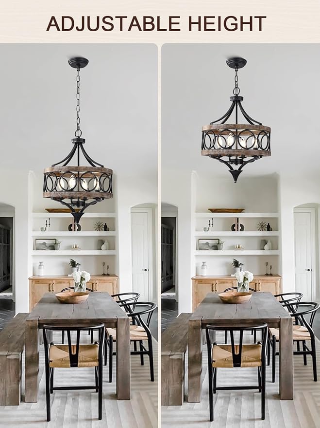 Farmhouse Chandelier for Dining Room, 15.7 Inch Hanging Round Light Fixture Over Table, 4-Light Wood Chandelier for Kitchen Island Dining Room Entryway