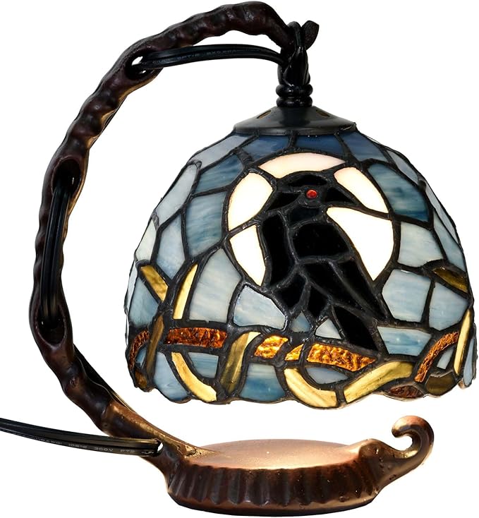 Bieye L12011 Raven Sitting on Bare Tree Branch in Full Moon Night Tiffany Style Stained Glass Table Lamp for Home Decor (Dark Blue, 7Wx5.5Dx8H)