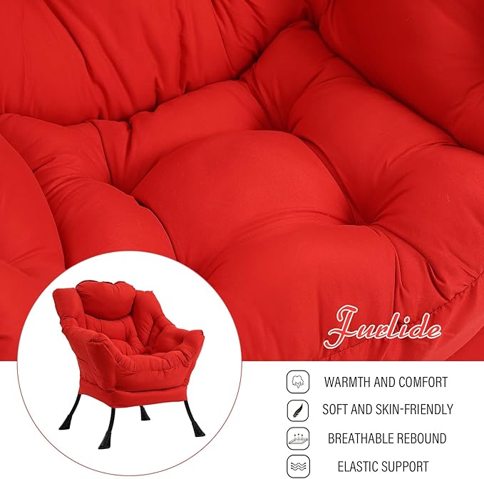 Lazy Chair with Ottoman, Modern Chair with Folding Footrest, Red Accent Chair, Comfortable Reading Chair, Oversized Armchairs for Bedroom, Study, Living Room, Courtyard