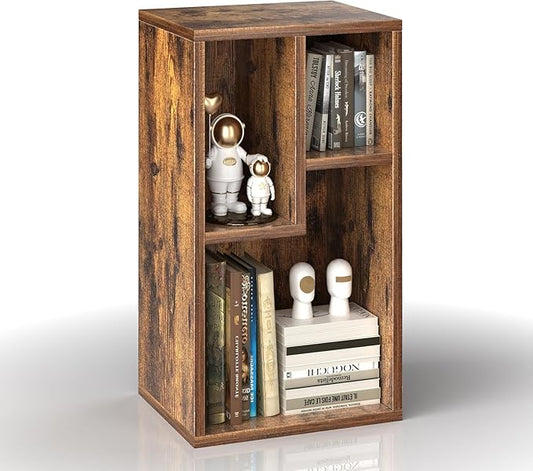 VECELO 3 Cube Small Bookcase, Fits Tallest Hardcovers, Horizontal Available, 2-Tier Modern Bookshelf, Storage Organizer for Small Spaces, Kids Room, Bedroom Living Room, Rustic Brown