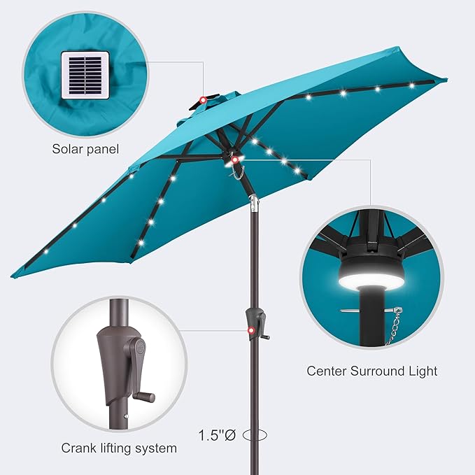 7.5ft Solar Umbrella Outdoor - Lighted Solar Patio Umbrella with 24 LED Lights Waterprool UV Protection, Table Umbrella with Tilt for Pool, Porch, Garden, Deck, Backyard (Aqua Blue)
