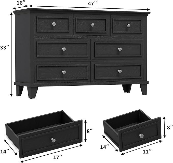 GAOMON Black Dresser, 7 Drawer Dresser for Bedroom, 47" W Chest of Drawers with Deep Drawers, Closet Dressers with Metal Handle, Thickened Desktop, Wood Rustic Drawers for Hallway, Entryway, Closet