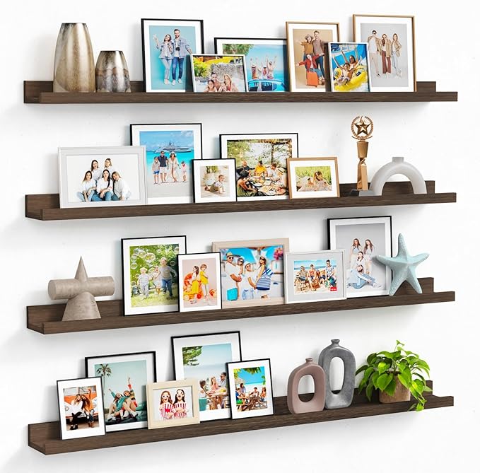 Forbena Wood Picture Ledge Shelf for Wall 4-Pack, 48 Inch Long Rustic Floating Shelves with Lip for Classroom Library, Farmhouse Wooden Wall Ledge for Photo Frames Books (Dark Brown)