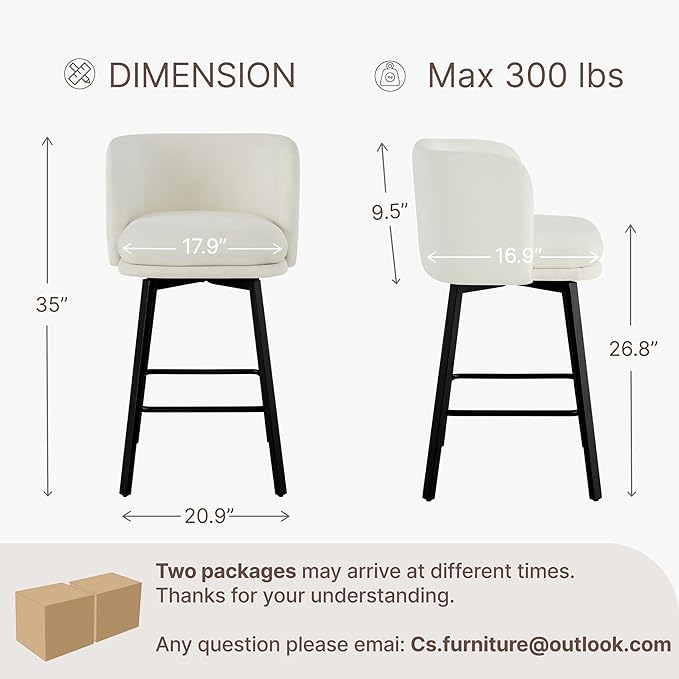 26" H Counter Height Swivel Bar Stools Set of 4, Barrel Counter Stools with Backrest, Linen Fabric Upholstered Barstools with Metal Legs for Kitchen Island,Beige