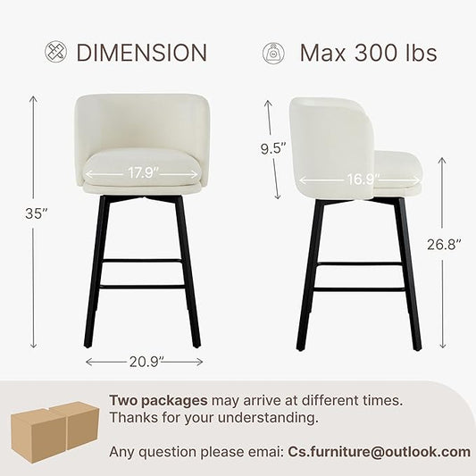 26" H Counter Height Swivel Bar Stools Set of 4, Barrel Counter Stools with Backrest, Linen Fabric Upholstered Barstools with Metal Legs for Kitchen Island,Beige