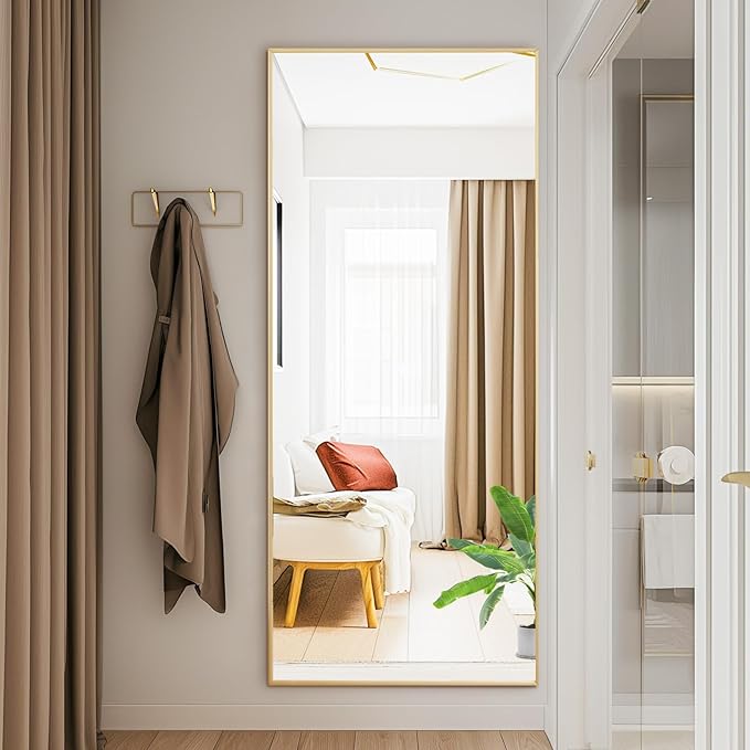 DUMOS Full Length Mirror with Stand, 58"x19" Floor Mirror with Aluminum Alloy Frame for Bedroom, Standing Full Body Mirror with Shatter-proorf Nano Glass for Wall, Living Room, Cloakroom, Gold