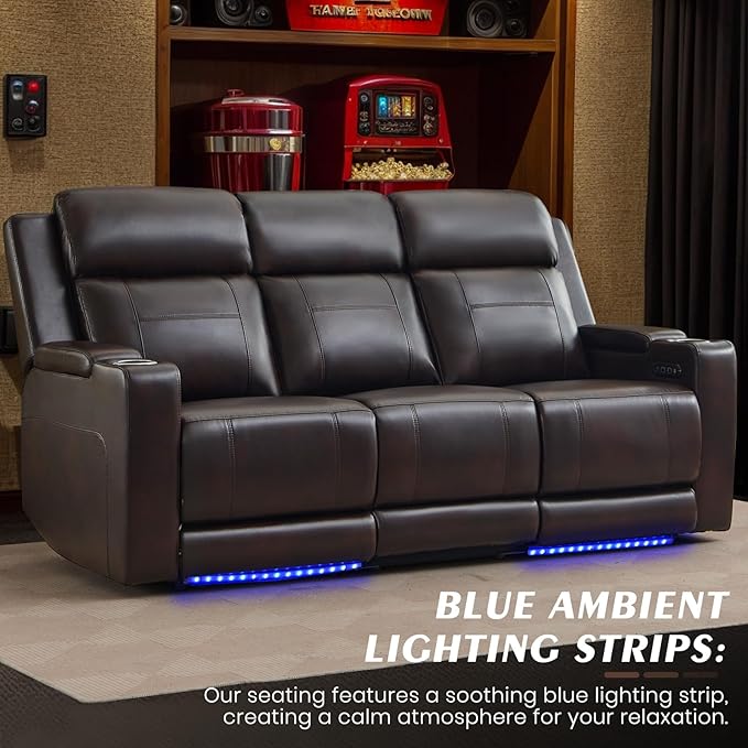 Power Recliner Sofa with Adjustable Headrest, Electric Reclining Couch with LED Light/Armrest Storage, USB & Type-C, Power Loveseat Recliner Sofa for Living Room, Bedroom(Brown, 3 Seater)