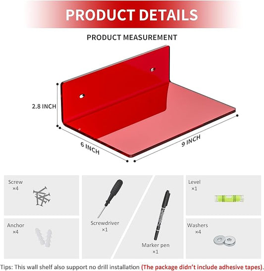9 Inch Red Acrylic Small Wall Shelf, Home Wall Display Ledges for Storage, Room Décor, Space Saving, Items Organizer, 2 Pack