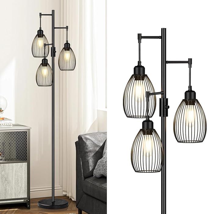 Torondo 70" Dimmable Floor Lamp with Marble Base, 3 x 800LM LED Edison Bulbs Included, Industrial Black Floor Lamps for Living Room, Rustic Tall Lamps Standing Lamp for Bedrooms Living Room