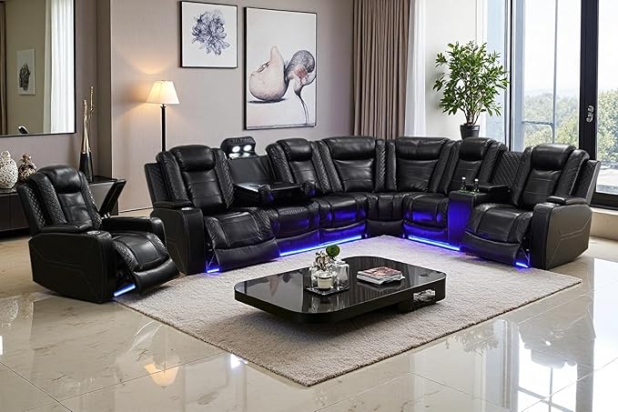 A Ainehome Power Reclining Sectional Couch, Power Leather Recliner Sectional Sofa Living Room Furniture Set with USB Port/Storage Console for Living Room/Office(B-Black)