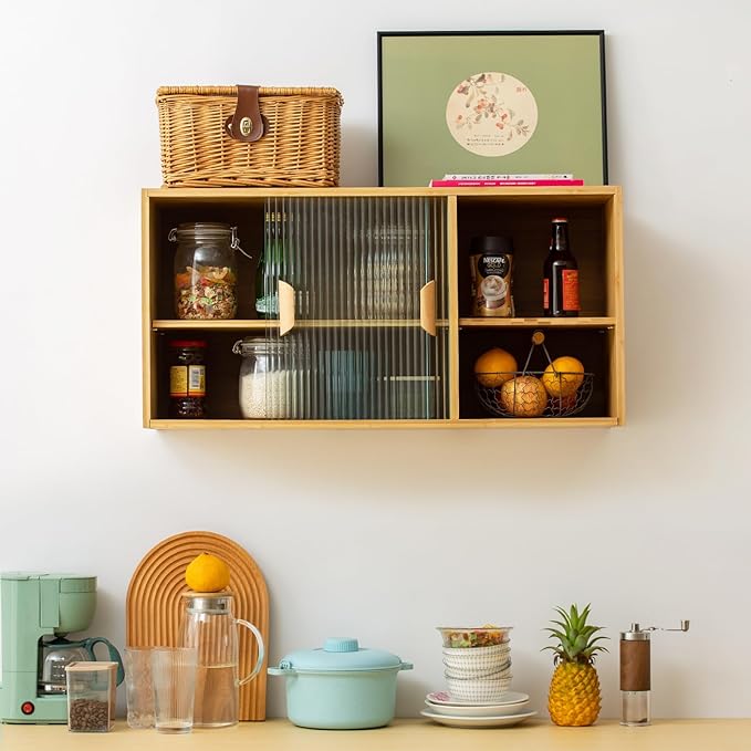Tiita Small Kitchen Pantry Cabinet, Bamboo Wall Sideboard with Glass Doors, Cupboard Food Pantry Cabinet for Kitchen, Living Room and Dinning Bedroom