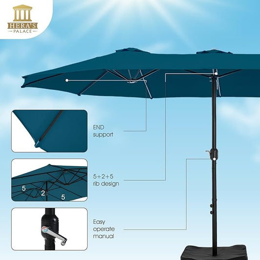 HERA'S PALACE Umbrella Patio Outdoor with Base 15ft Rectangle Table Double Market Umbrellas Clearance Large Included Stand for Deck Outside Pool Picnic Inground Yard Commercial (Cerulean)