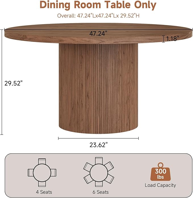 Round Kitchen Dining Table for 4-6 People, 47 inch Mid-Century Circle Dinner Tables, Rustic Wood Base in Fluted Design, Space Saving Dining Room Furniture, Large Table Only for Family Party, Walnut