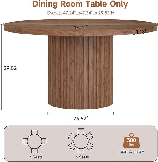 Round Kitchen Dining Table for 4-6 People, 47 inch Mid-Century Circle Dinner Tables, Rustic Wood Base in Fluted Design, Space Saving Dining Room Furniture, Large Table Only for Family Party, Walnut