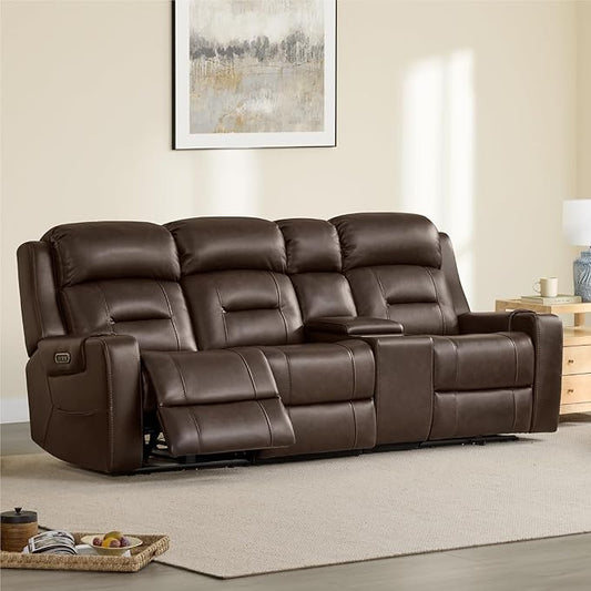 Watson & Whitely Genuine Leather Power Recliner Sofa, Lay Flat Reclining Sofa with Storage Console, Power Headrest & Cup Holders, 3 Seater Electric Reclining Couch for Living Room, Dark Brown