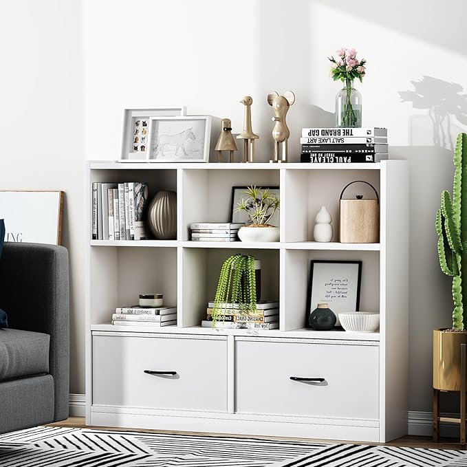 Cube Bookshelf Storage Organizer Bookcase,8 Cube Open Mid-Centur Shelf,Freestanding Display Bookshelve, Modern Wide Toy Shelf with Drawers for Bedroom Living Room Office(White)