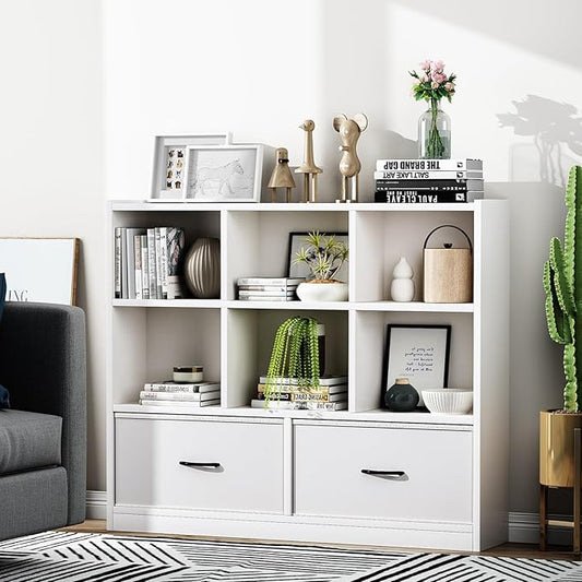 Cube Bookshelf Storage Organizer Bookcase,8 Cube Open Mid-Centur Shelf,Freestanding Display Bookshelve, Modern Wide Toy Shelf with Drawers for Bedroom Living Room Office(White)