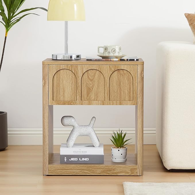 Small Nightstand Set of 2 with Storage, Accent Bedside Nightstand with Drawer, Mid Century Modern Bedroom Bed Side Table for Small Spaces, Dorm, Living Room, Couch Sofa Chair - Natural