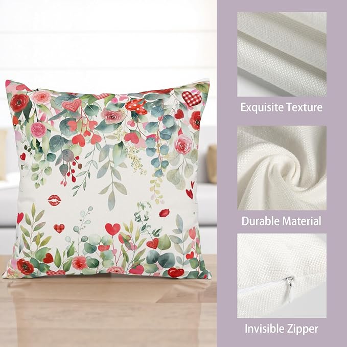 Valentines Day Floral Throw Pillow Covers 22x22 Inch Set of 2 Red Pink Roses Hearts Pillowcases Valentines Eucalyptus Leaves Decorative Cushion Covers for Home Sofa Bed