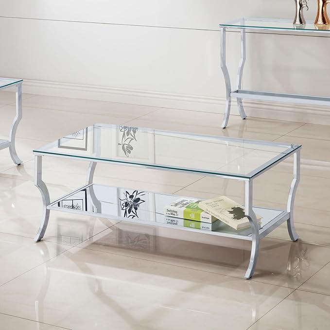Coaster Home Furnishings - Saide - Rectangular Coffee Table with Mirrored Lower Shelf, Curved Legs, Metal Base - Living Room - 47 Inch - Clear - 720338