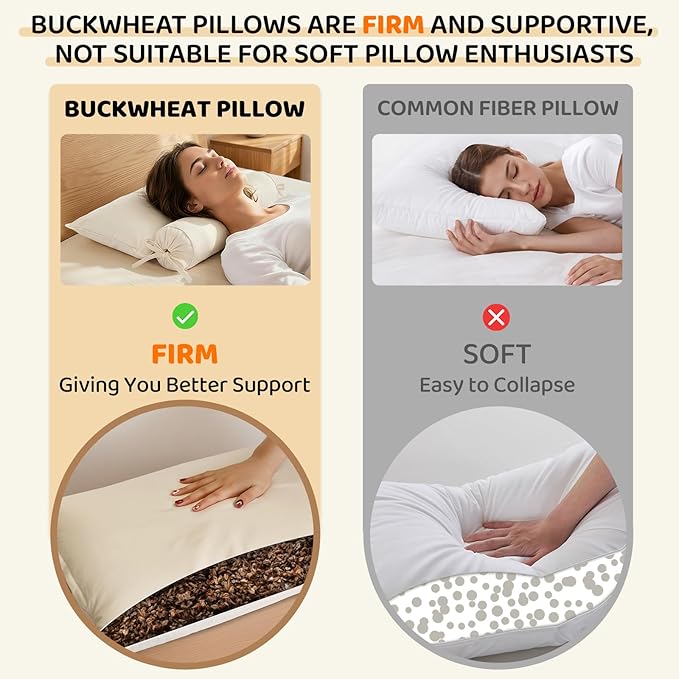 Buckwheat Pillow - 3 Point Support Buckwheat Hull Pillow for Less Pain, 2IN1 Tartary Buckwheat Neck Roll Pillow for Best Support, Adjustable Cervical Neck Pillow with Organic Cotton Pillowcase