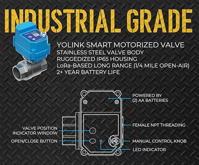 YoLink 1/2" Commercial Grade Smart Motorized Stainless Steel Ball Valve LoRa Wireless Up to 1/4-Mile Open Air Range Battery-Powered, IFTTT, Alexa, Home Assistant
