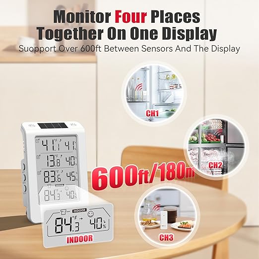 Wireless Freezer Monitor with 3 Sensors, 328ft Long Range Digital Refrigerator Thermometer with Min/Max Temp and Smart Adjustable Backlight, for Home, Garage & Breast Milk, White