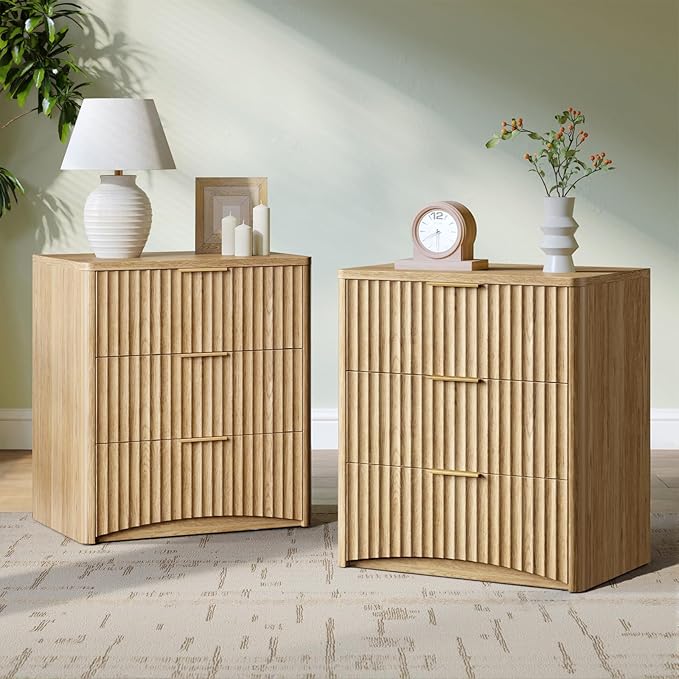 Evermagin Fluted Nightstand Set of 2, Natural Oak Bedside Table with 3 Drawers, Wood End Table with Storage Mid Century Modern, Large Night Stand for Bedroom