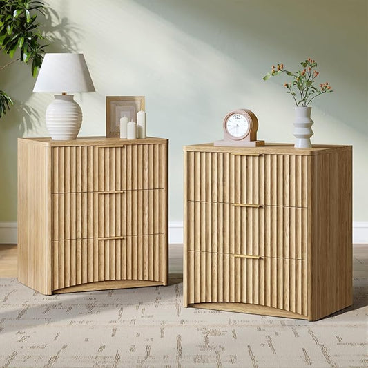 Evermagin Fluted Nightstand Set of 2, Natural Oak Bedside Table with 3 Drawers, Wood End Table with Storage Mid Century Modern, Large Night Stand for Bedroom