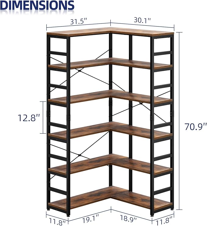 NUMENN 6 Tier Corner Bookshelf, Modern Corner Bookcase, Large Open Shelf Bookcase, Tall Bookshelves Storage Display Rack for Bedroom, Living Room and Home Office, Vintage