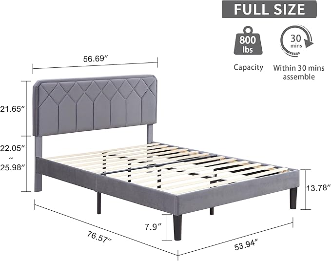 VECELO Full Size Bed Frame Premium Velvet Upholstered Platform with Height Adjustable Headboard/Mattress Foundation, Solid Wooden Slat Support, No Box Spring Needed/Easy Assembly