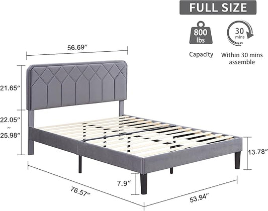 VECELO Full Size Bed Frame Premium Velvet Upholstered Platform with Height Adjustable Headboard/Mattress Foundation, Solid Wooden Slat Support, No Box Spring Needed/Easy Assembly