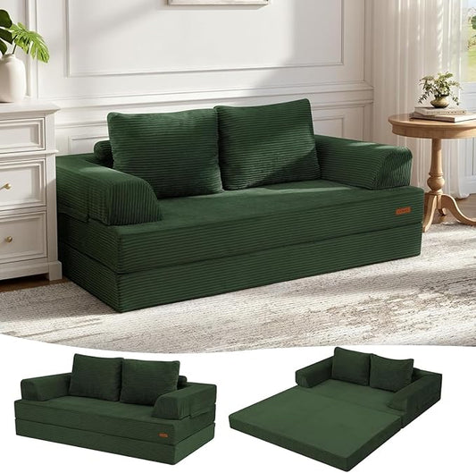 COMAX Futon Sofa Bed, Convertible Folding Sofa Bed, Boneless Couch Loveseat Corduroy with Pillows, Small Foldable Floor Couch Comfy Lounge Sleeper for Living Room Bedroom, Green