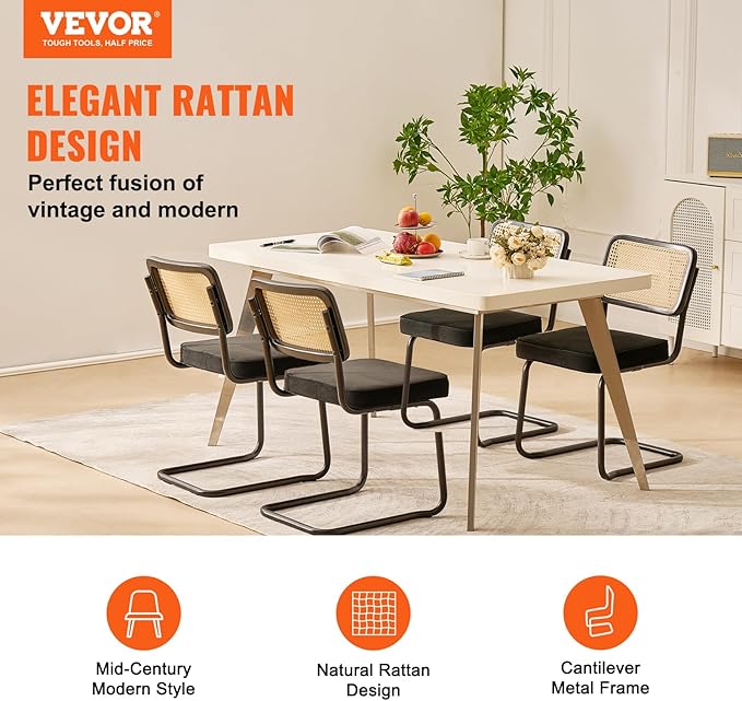 VEVOR Rattan Dining Chairs Set of 4, Mid Century Modern Dining Chair, Upholstered Velvet Accent Chair with Rattan Back, Retro Dining Room Kitchen Chair for Living Room, Bedroom (18.1 Inch)