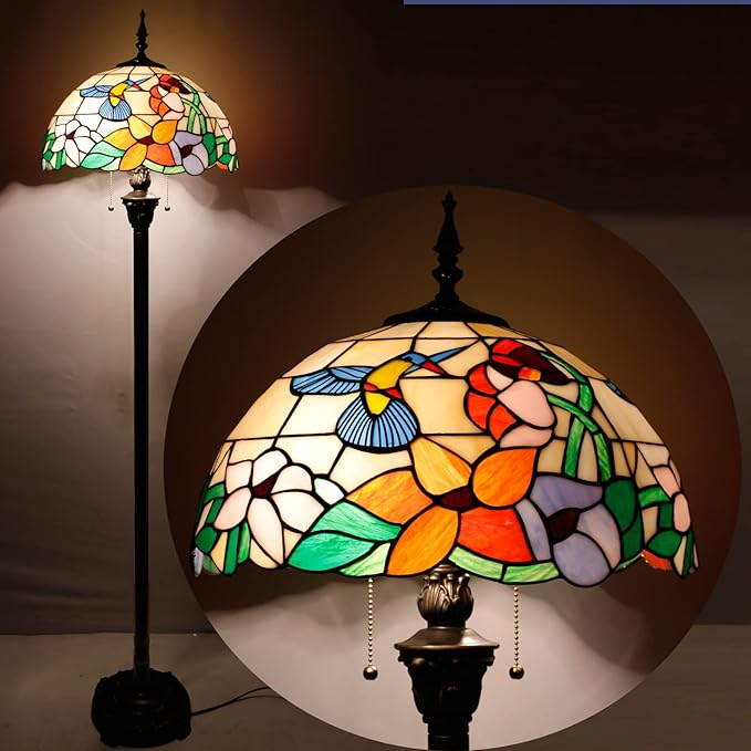 WERFACTORY Tiffany Floor Lamp Hummingbird Amber Stained Glass Standing Reading Light 16X16X64 Inches Antique Pole Corner Lamp Decor Bedroom Living Room Home Office S101 Series