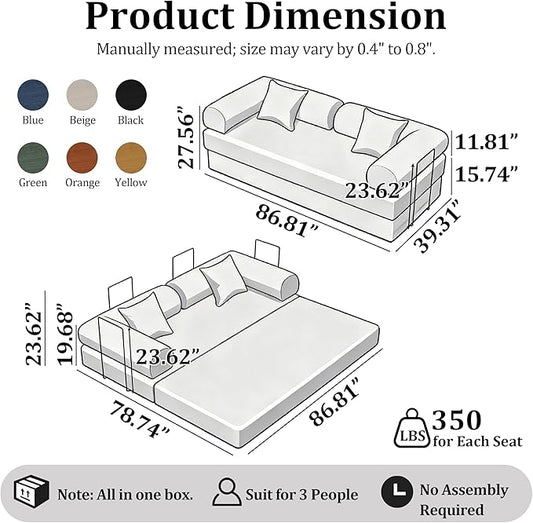 87'' Convertible Compressed Corduroy Folding Cloud Sofa Bed, Modern Modular Boneless Pull Out 3 Seater Sleeper in a Box, 5 in 1 Foldable Floor Mattress Couch, No Assembly Needed, Black, Pillows, King