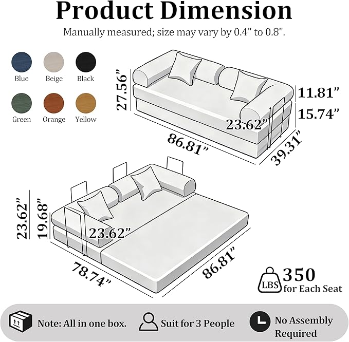 87'' Convertible Compressed Corduroy Folding Cloud Sofa Bed, Modern Modular Boneless Pull Out 3 Seater Sleeper in a Box, 5 in 1 Foldable Floor Mattress Couch, No Assembly Needed, Beige, Pillows, King