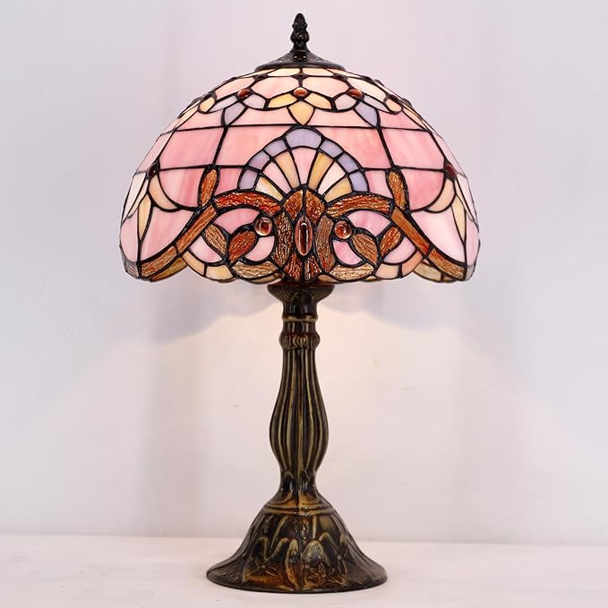 WERFACTORY Tiffany Lamp Stained Glass Table Lamp 12X12X18 Inch Pink Baroque Style Lavender Bedside Reading Desk Light Decor Bedroom Living Room Home Office S003P Series