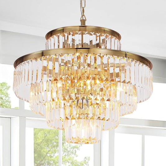 Gold Modern Crystal Chandelier Pendant Ceiling Lights Chandeliers Lighting Fixture for Dining Living Room Foyer Hallway 12-Lights (Dia 24 Inch)