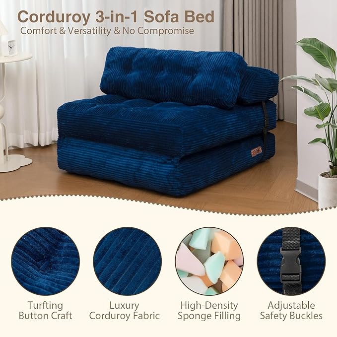 Folding Sofa Bed, Folding Chair Bed with Pillow, Convertible Lazy Sofa Bed with High-Density Support Foam, Fold Out Chair for Small Spaces Living Room Bedroom, Navy Blue