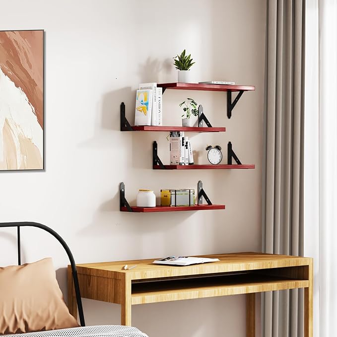 Wood Floating Shelves Set of 4, Rustic Storage Decor Wall Shelves, Wall Mounted Shelf for Living Room, Bedroom 17" x 6", Red