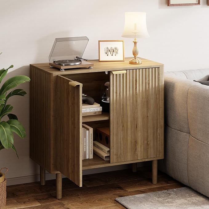 Sideboard Buffet Cabinet with Storage, Modern Fluted Accent Credenza with Doors & Adjustable Shelves, Wood Coffee Bar Console Table for Living Room, Dining Room, Kitchen or Entryway 31.5"(2pcs)Oak