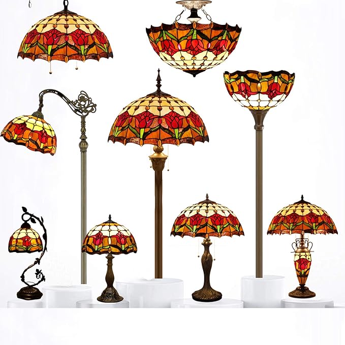 WERFACTORY Tiffany Table Lamp Stained Glass Style Tulip Flower Bedside Reading Desk Light 12X12X18 Inches Decor Bedroom Living Room Home Office S030 Series