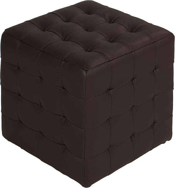 Cortesi Home Charli Tufted Cube Ottoman in 100% Genuine Leather, Brown