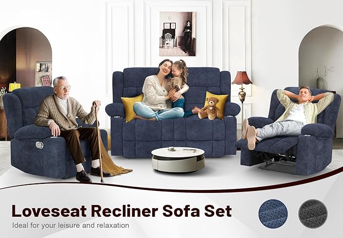 Loveseat Recliner Sofa Set with 2+1+1 Pieces, 2 Seater Minimalist Style Fabric Manual Pull Tab Reclining Loveseat with USB Charge Ports, Cup Holders, Recliner Couches for Living Room, RV, Blue