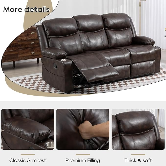 Manual Reclining Sofa - 3 Seat Recliner Sofa with Heat & Massage Function, Wall-Hugger Reclining Sofa for Living Room (Brown) | Side Pocket, Cup Holder