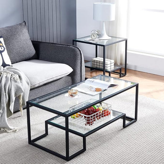 Black Metal Glass Coffee Table - Simple Center Coffee Table for Living Room Home, Metal Frame Coffee Table with 2 Shelves,Modern Table for Bedroom, Dinning Room,Office Decor | Living Room, Home, Modern Table, Bedroom, Dinning Room